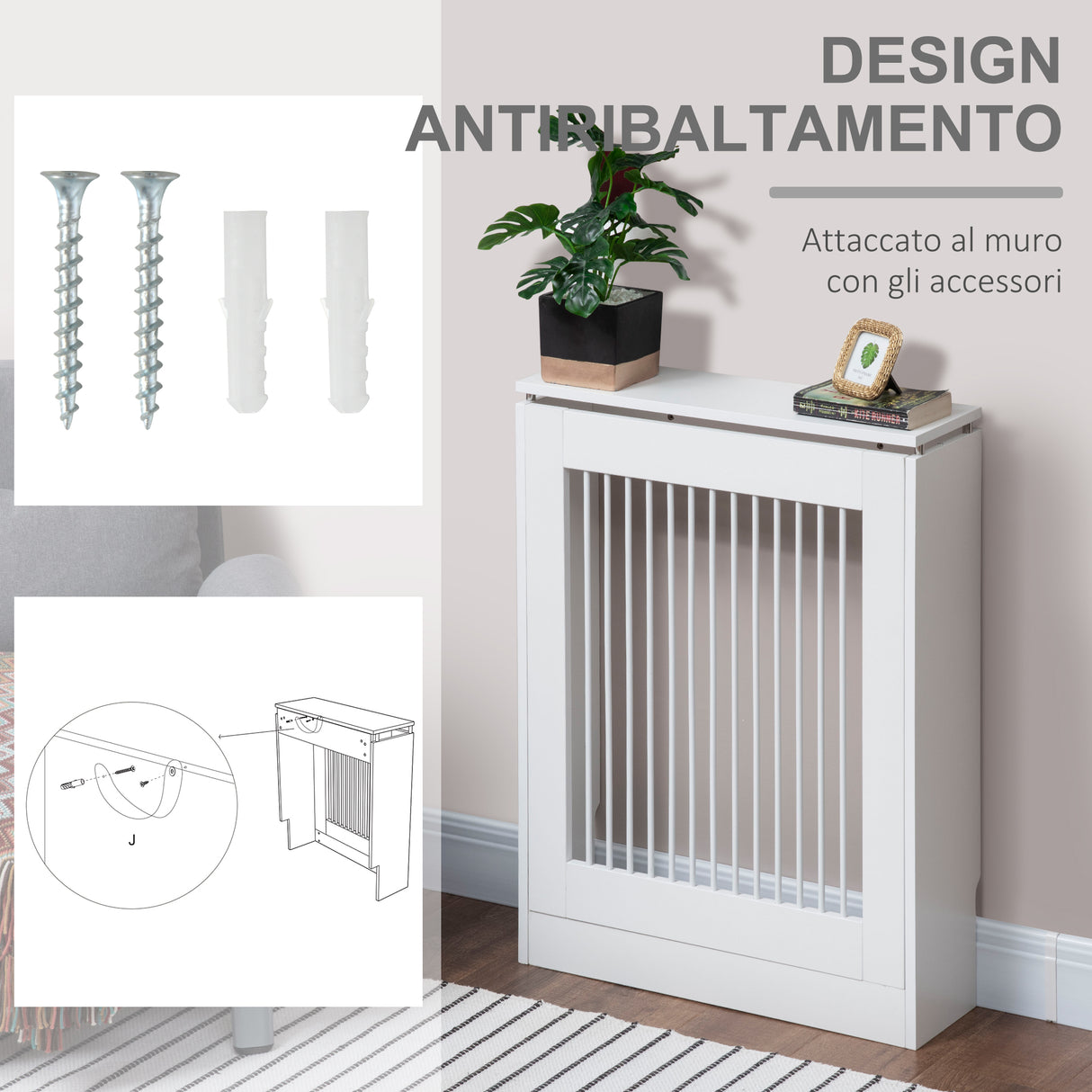 easycomfort copritermosifone a doghe moderno ed elegante per la casa in mdf e acciaio 60x18x84cm bianco