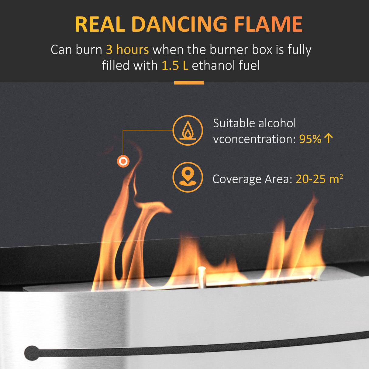 easycomfort camino bioetanolo in acciaio inox 3h di combustione con serbatoio 1.5l e copertura 25m 45x18x17 cm argento