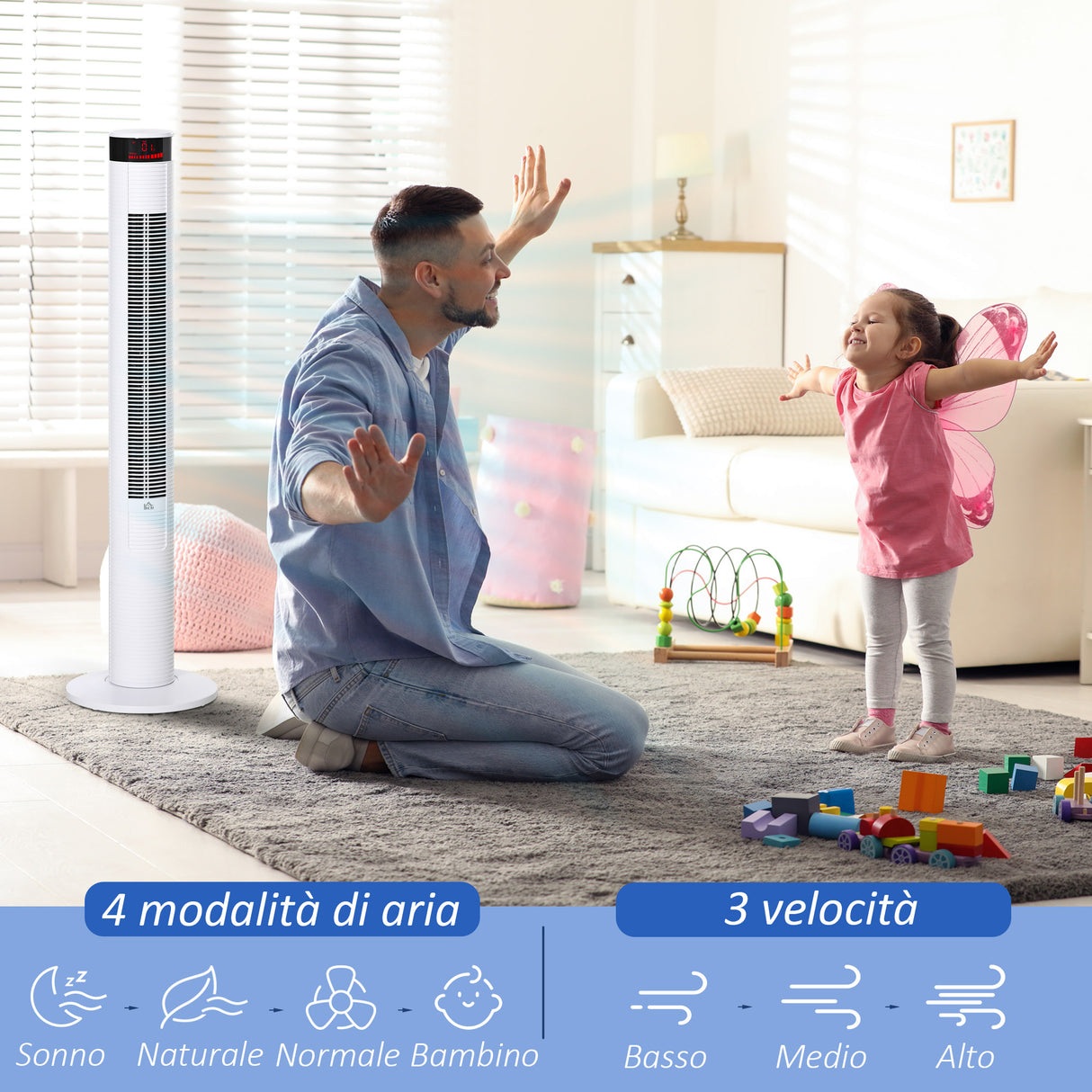 easycomfort ventilatore a colonna con 3 velocita e 4 modalita timer di 12h pannello led e telecomando bianco