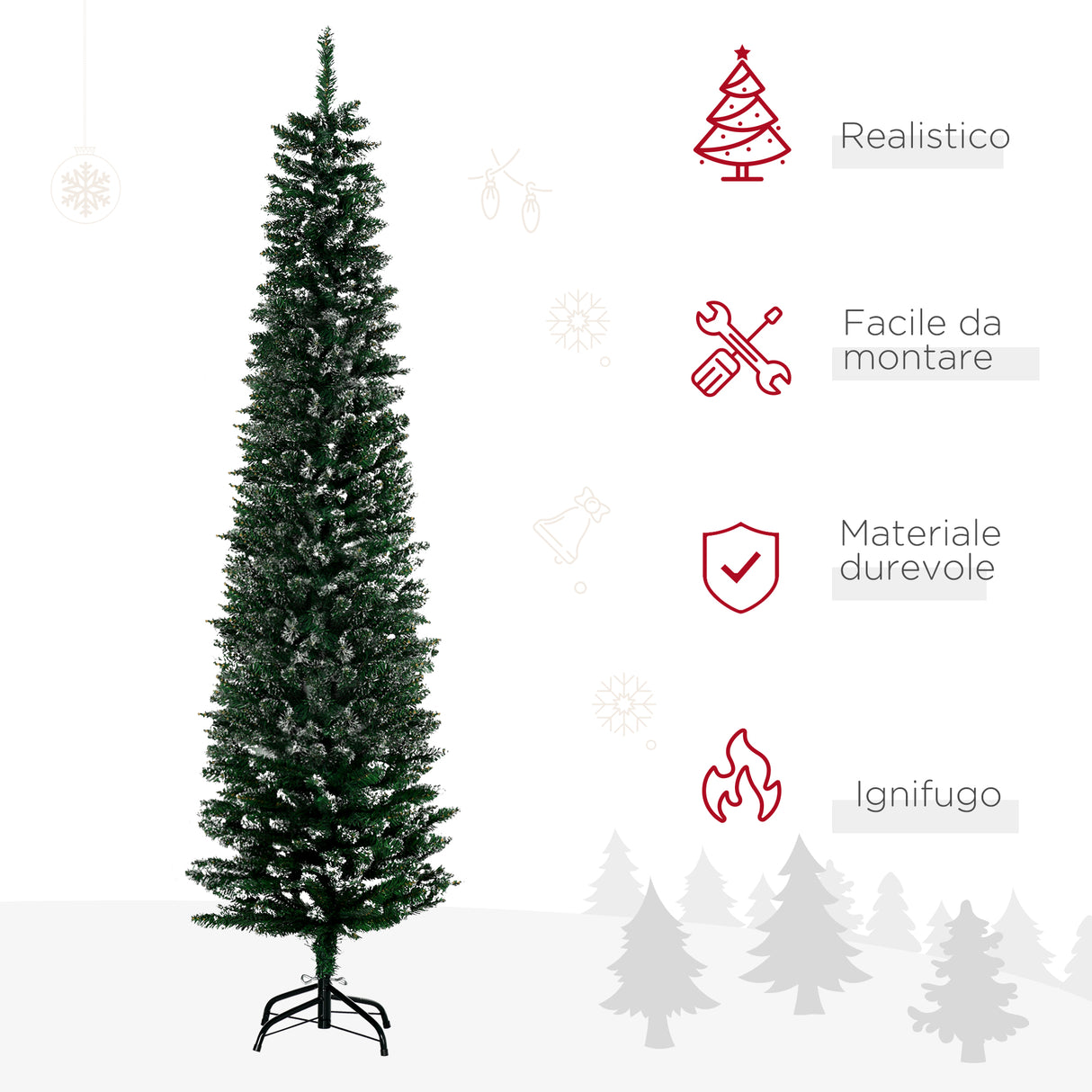 easycomfort easycomfort albero di natale innevato artificiale alto e stretto con 570 rami base rimovibile e pieghevole 53x190cm verde