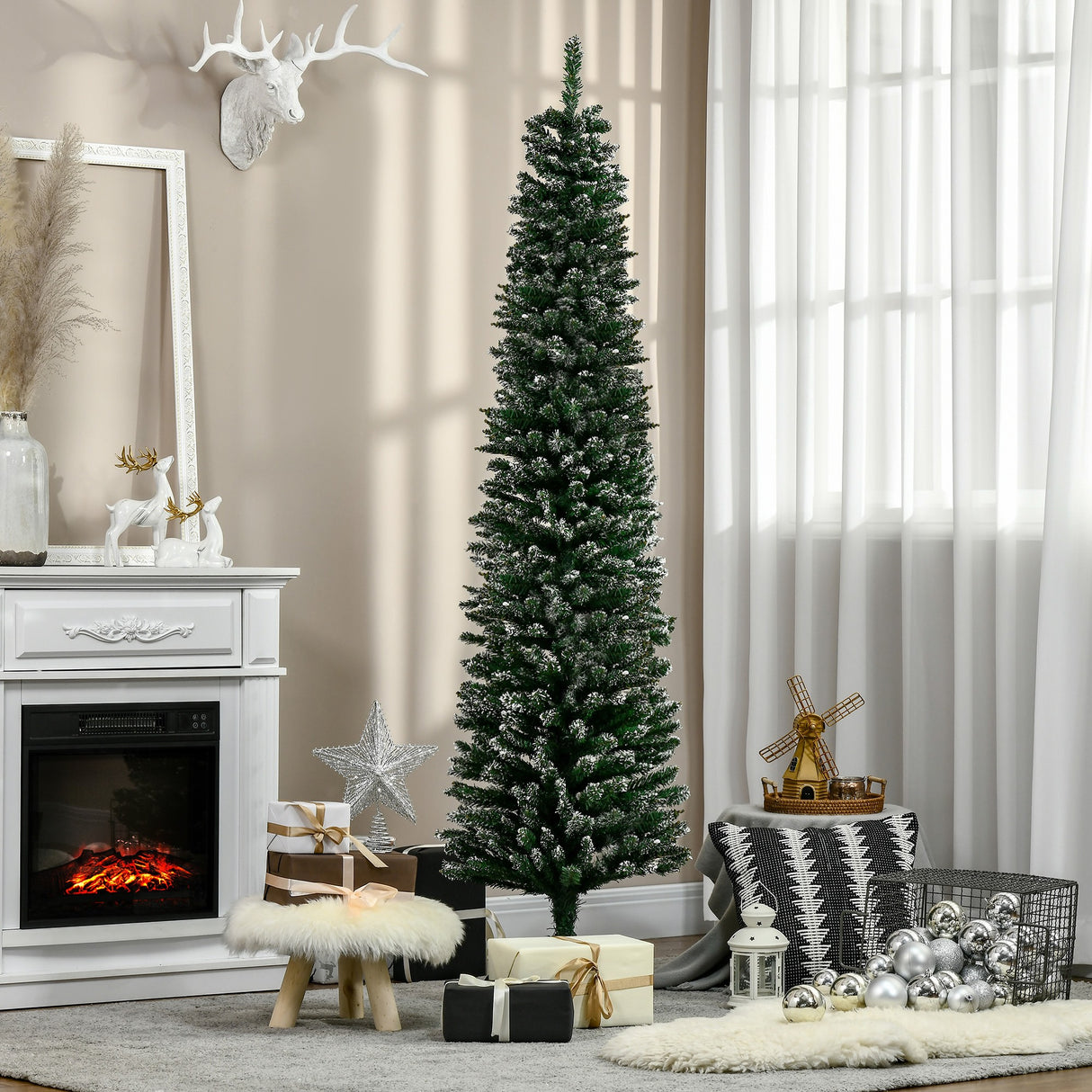 easycomfort easycomfort albero di natale innevato artificiale alto e stretto con 570 rami base rimovibile e pieghevole 53x190cm verde