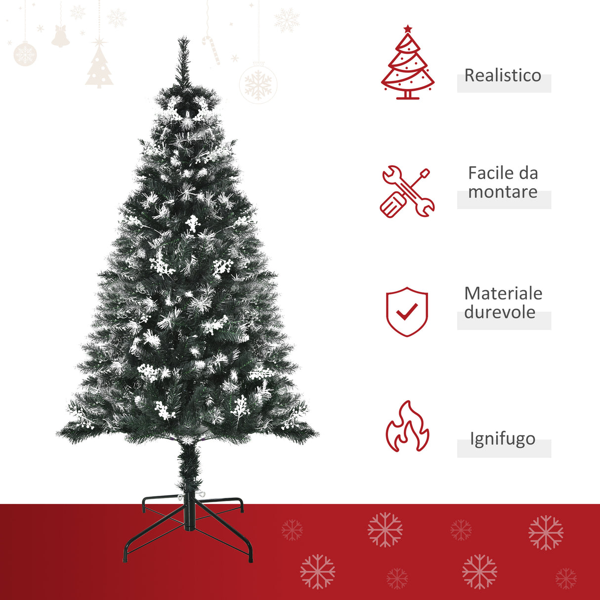 easycomfort easycomfort albero di natale innevato 150cm con bacche decorative bianche base rimovibile pieghevole 378 rami verde