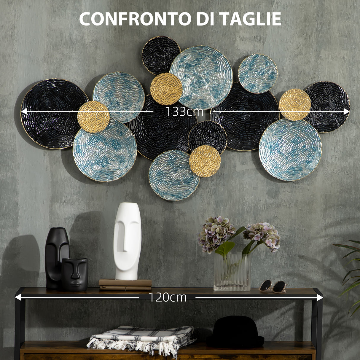 easycomfort easycomfort decorazione murale in metallo 3d wall art a cerchi 133x66cm blu nero e oro