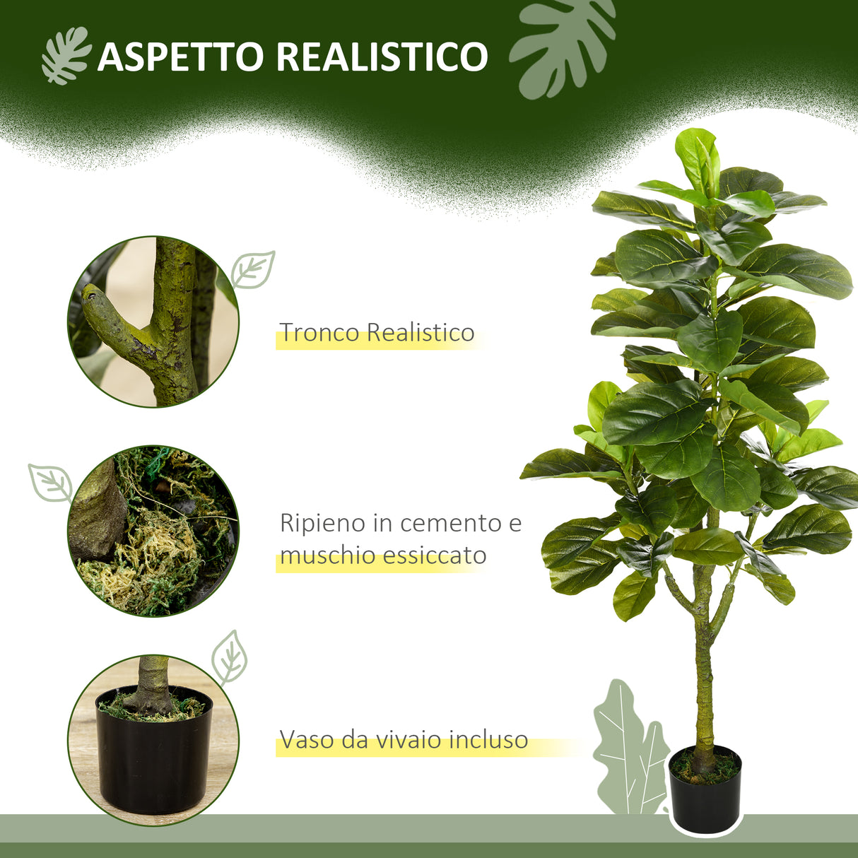 easycomfort pianta artificiale di ficus da 150 cm a 75 foglie e 4 rami con vaso o15x12.5 cm per interni ed esterni verde