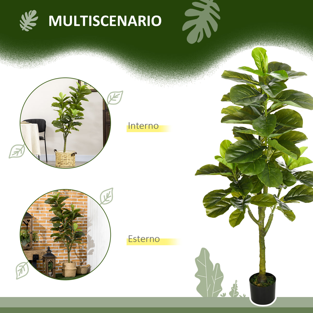 easycomfort pianta artificiale di ficus da 150 cm a 75 foglie e 4 rami con vaso o15x12.5 cm per interni ed esterni verde