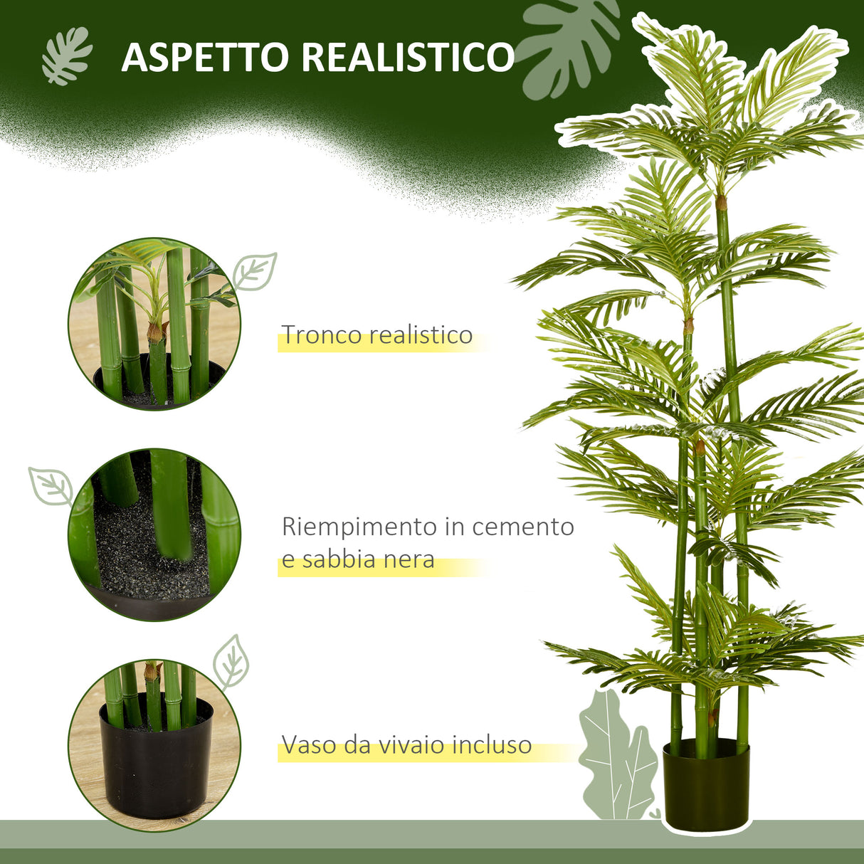 easycomfort pianta artificiale di palma da 140 cm a 45 foglie e 5 rami con vaso o15x12 cm per interni ed esterni verde