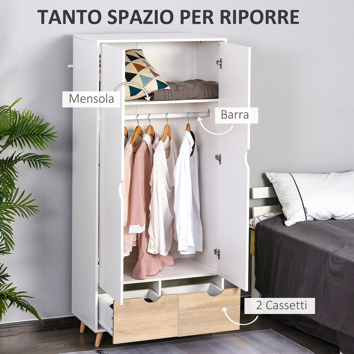 easycomfort easycomfort armadio a due ante in legno con 1 ripiano 1 appendiabiti 2 cassetti con maniglie intagliate bianco 80x40x180cm