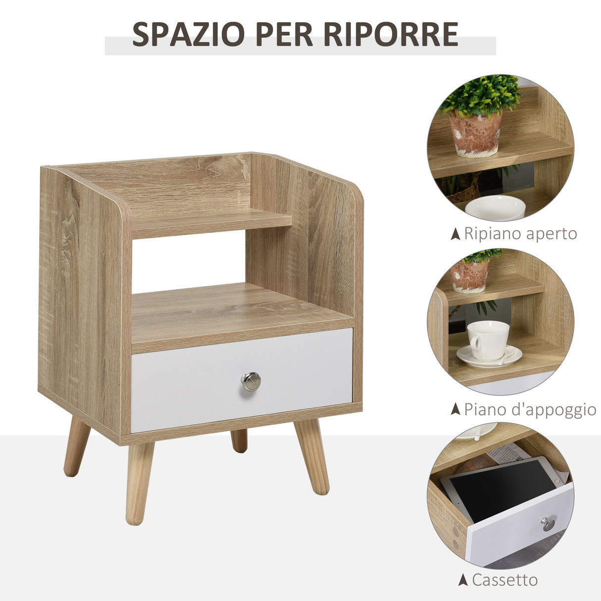 easycomfort easycomfort comodino salvaspazio mobiletto con cassetto e mensola in legno 37x30x48cm roverebianco