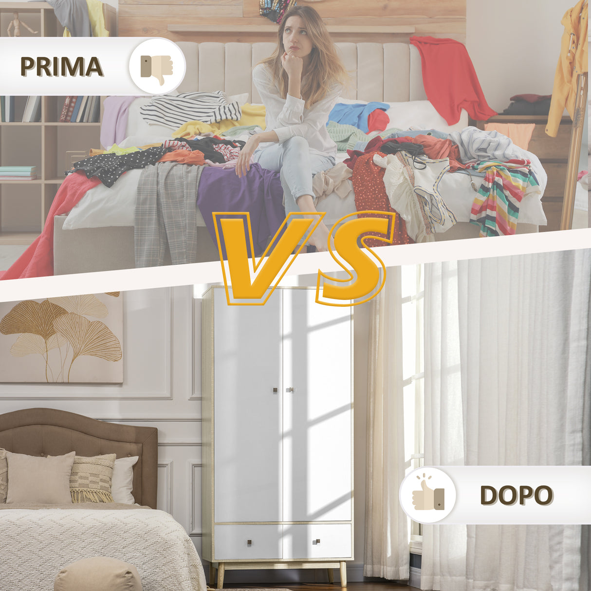 easycomfort easycomfort armadio 2 ante in legno con 4 vani 2 cassetti e appendiabiti color legno e bianco 90x50x190cm