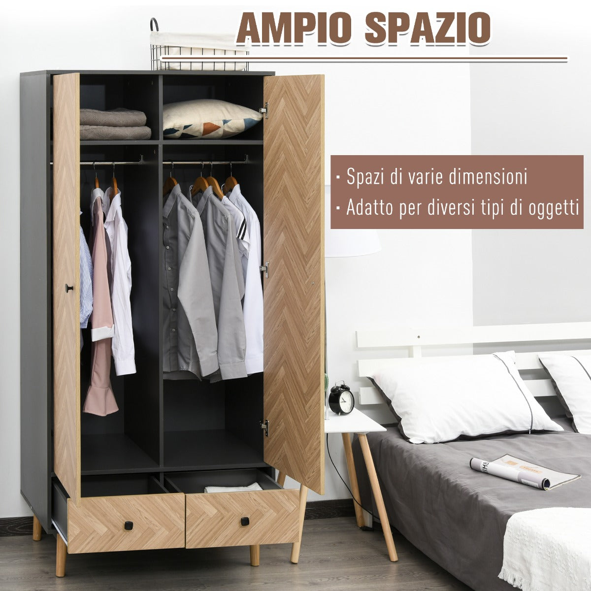 easycomfort easycomfort armadio 2 ante in legno con 4 vani 2 cassetti e appendiabiti grigio scuro 90x50x190cm