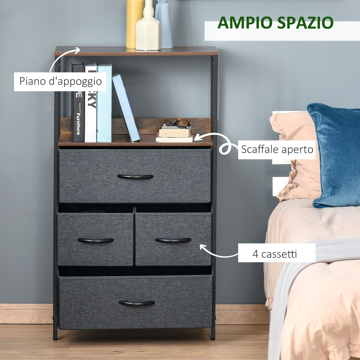 easycomfort easycomfort mobile cassettiera multiuso con 4 cassetti pieghevoli in tessuto arredamento soggiorno e camera 58x29x103cm grigio scuro
