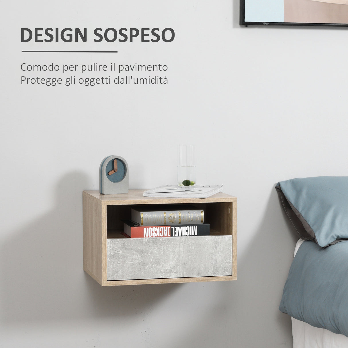 easycomfort easycomfort set 2 comodini sospesi con cassetto e ripiano 45x35x27 5cm grigio e color legno