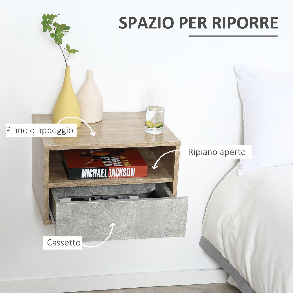 easycomfort easycomfort set 2 comodini sospesi con cassetto e ripiano 45x35x27 5cm grigio e color legno