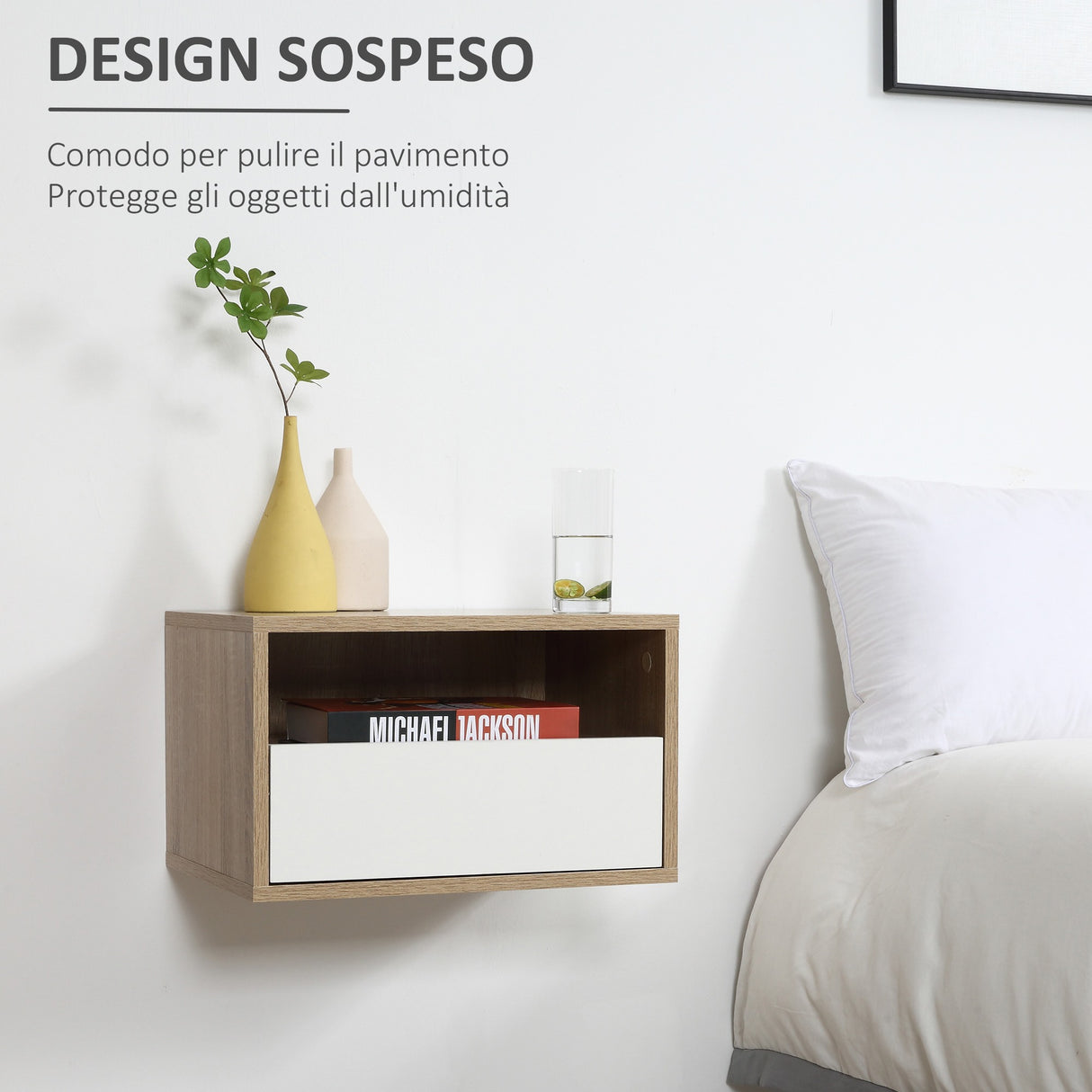 easycomfort easycomfort set 2 comodini sospesi con cassetto e ripiano 45x35x27 5cm bianco e color legno