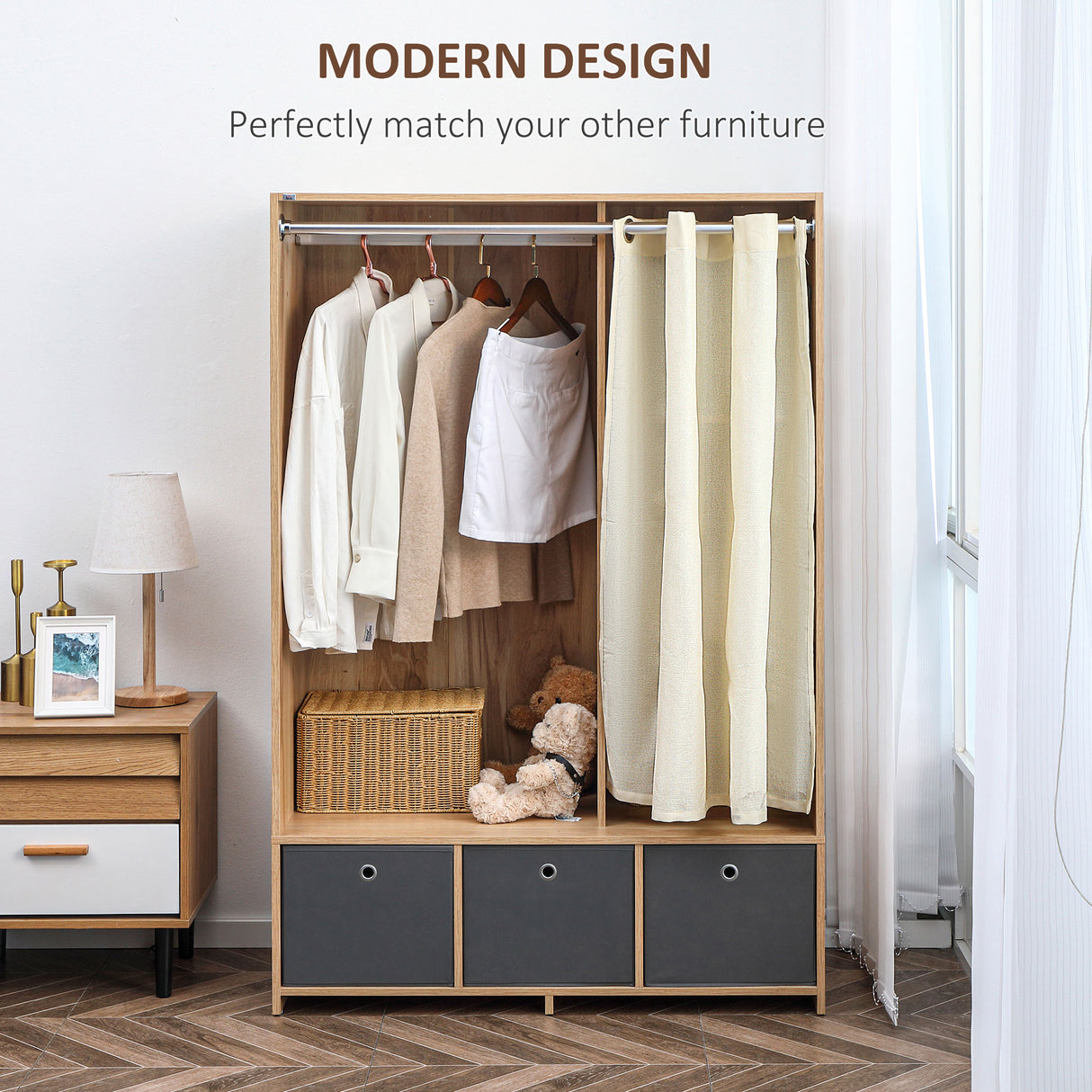 easycomfort easycomfort armadio guardaroba in truciolato con guida per appendere 3 cassetti in poliestere e 3 ripiani 105x48x160 cm