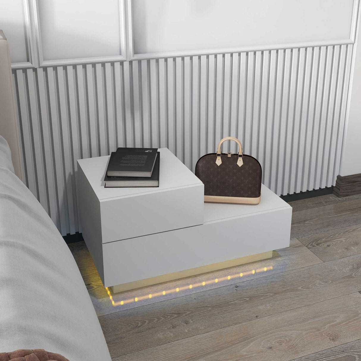 easycomfort easycomfort comodino moderno con 16 luci led rgb telecomando e due cassetti in truciolato 70x37x38cm bianco