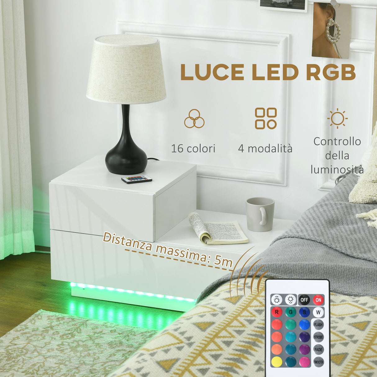 easycomfort easycomfort comodino moderno con 16 luci led rgb telecomando e due cassetti in truciolato 70x37x38cm bianco