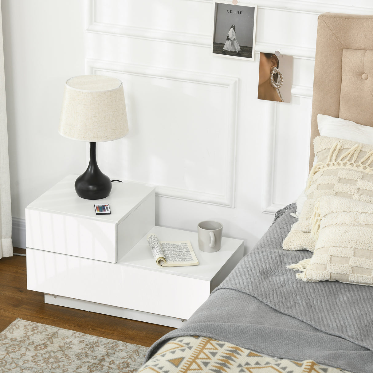 easycomfort easycomfort comodino moderno con 16 luci led rgb telecomando e due cassetti in truciolato 70x37x38cm bianco