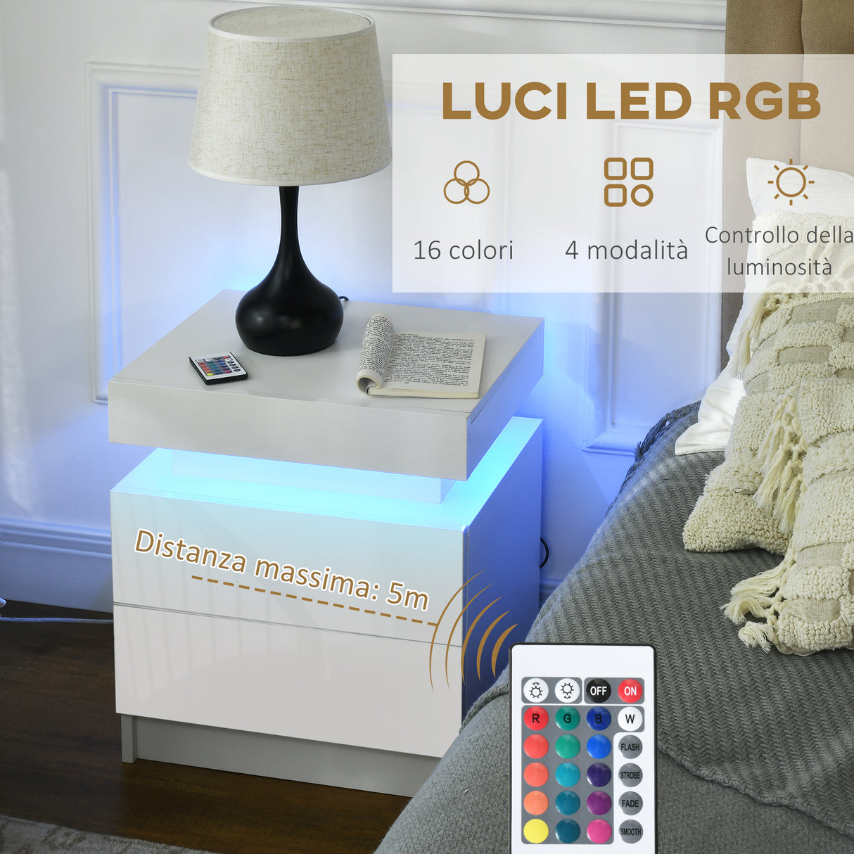 easycomfort easycomfort comodino con luce led rgb e 2 cassetti 4 modalita di luce e 16 colori 45x35x52cm bianco