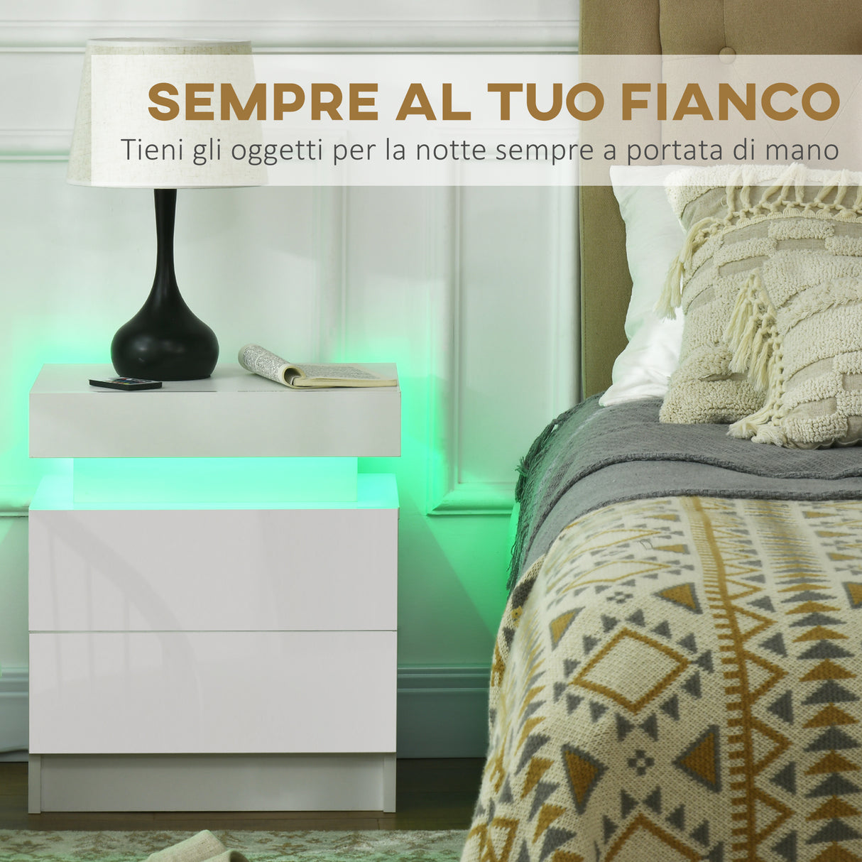 easycomfort easycomfort comodino con luce led rgb e 2 cassetti 4 modalita di luce e 16 colori 45x35x52cm bianco
