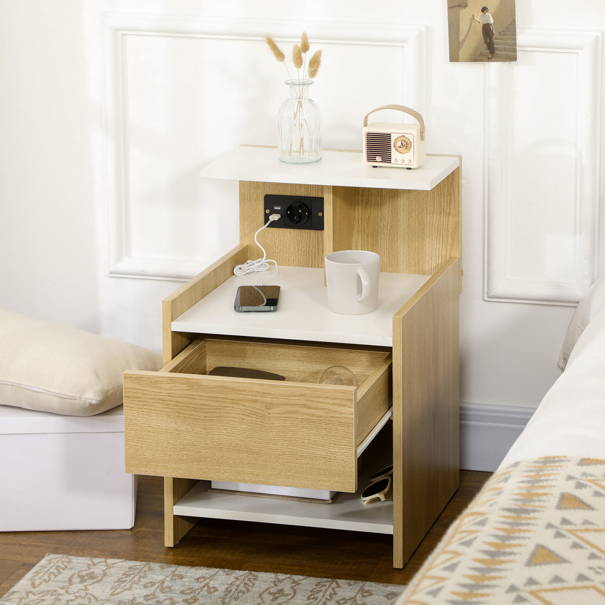 easycomfort easycomfort comodino moderno con 2 prese e porte usb e cassetto in truciolato 40x40x60cm color legno