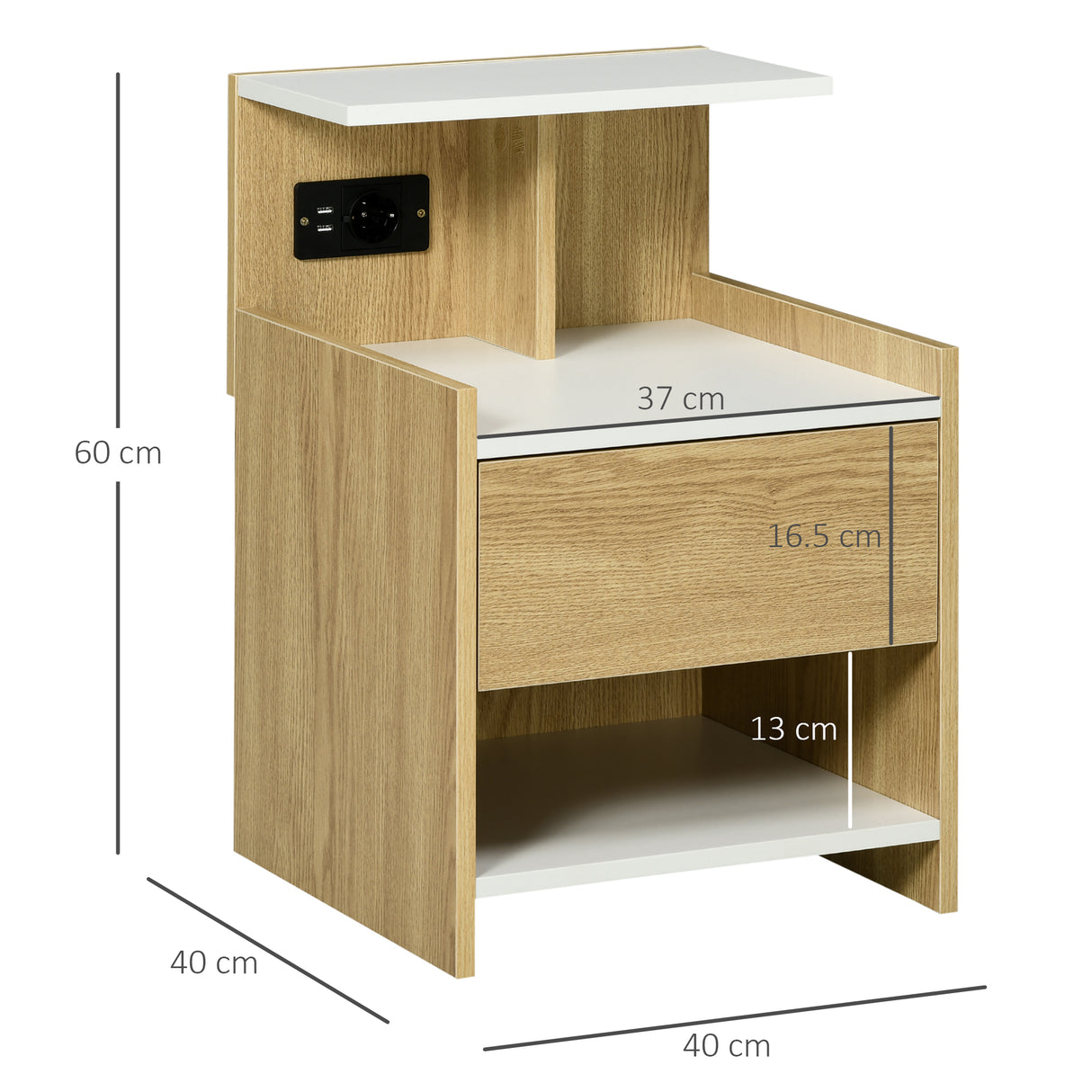 easycomfort easycomfort comodino moderno con 2 prese e porte usb e cassetto in truciolato 40x40x60cm color legno