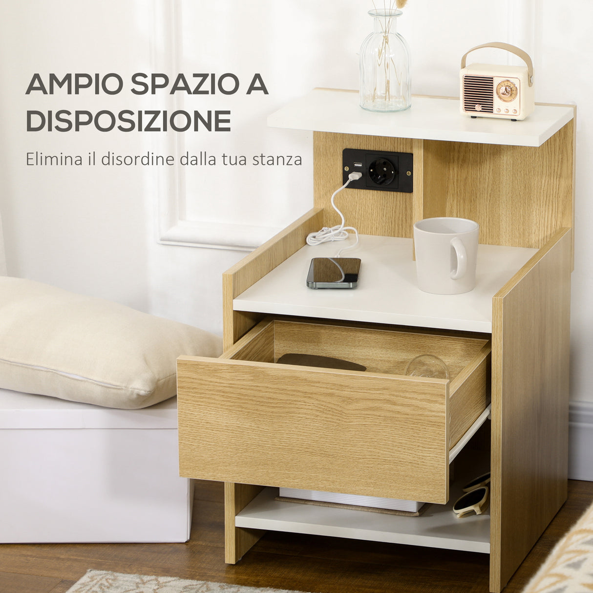 easycomfort easycomfort comodino moderno con 2 prese e porte usb e cassetto in truciolato 40x40x60cm color legno