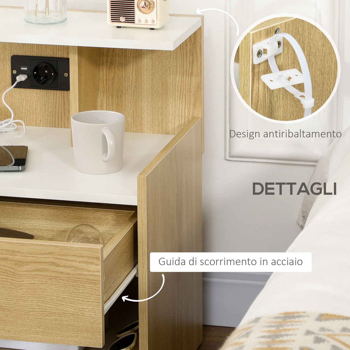 easycomfort easycomfort comodino moderno con 2 prese e porte usb e cassetto in truciolato 40x40x60cm color legno