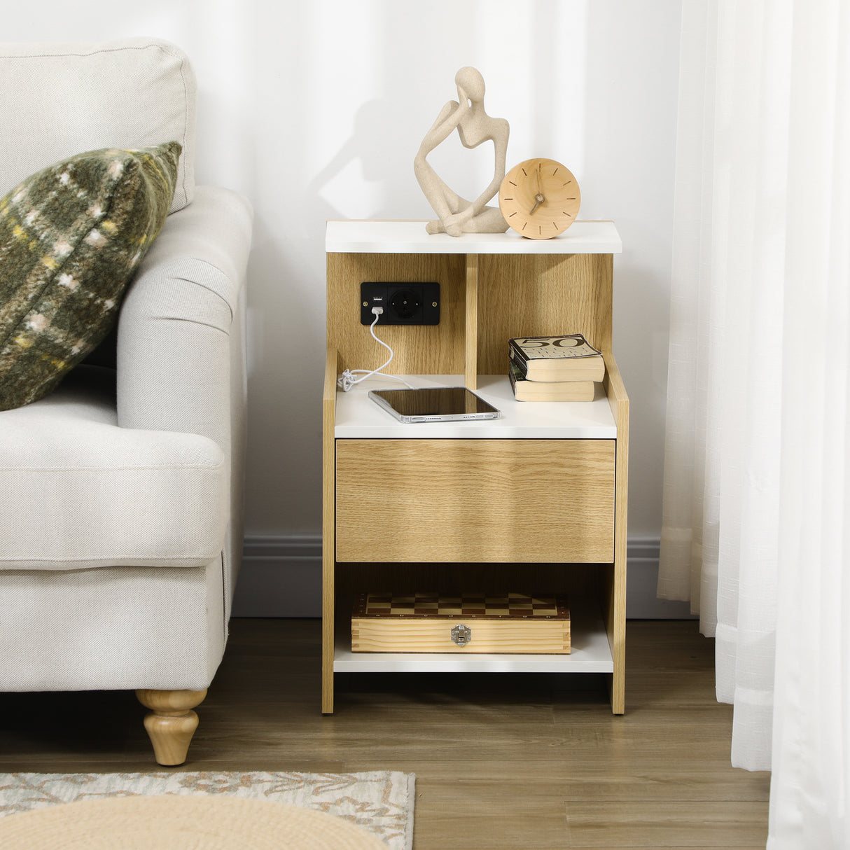 easycomfort easycomfort comodino moderno con 2 prese e porte usb e cassetto in truciolato 40x40x60cm color legno