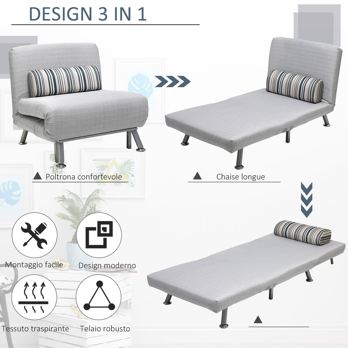 easycomfort easycomfort poltrona letto in ferro e cotone con cuscino a righe 75 x 70 x 75cm grigio ean 8055776914640