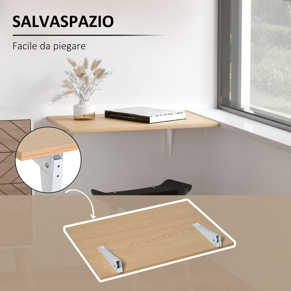 easycomfort easycomfort tavolino a muro pieghevole salvaspazio in mdf e telaio in metallo per cucina salotto color legno 60x40x20cm