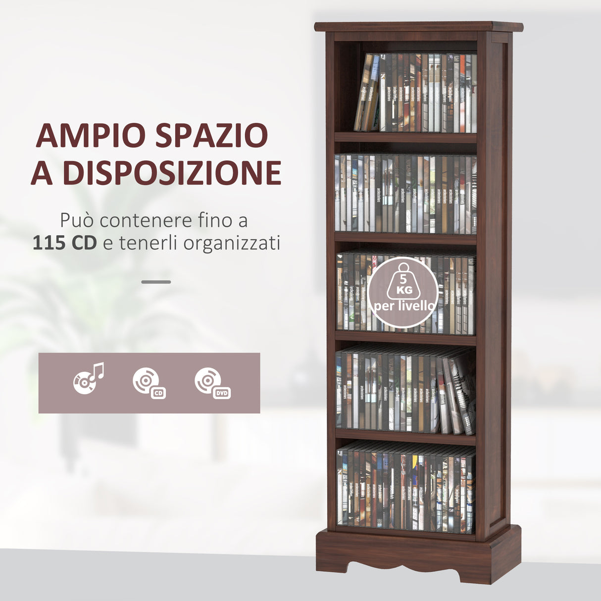 easycomfort easycomfort mobiletto scaffale porta cd con 5 ripiani di archivazione in legno marrone 30x 17x 90cm ean 8054144131269