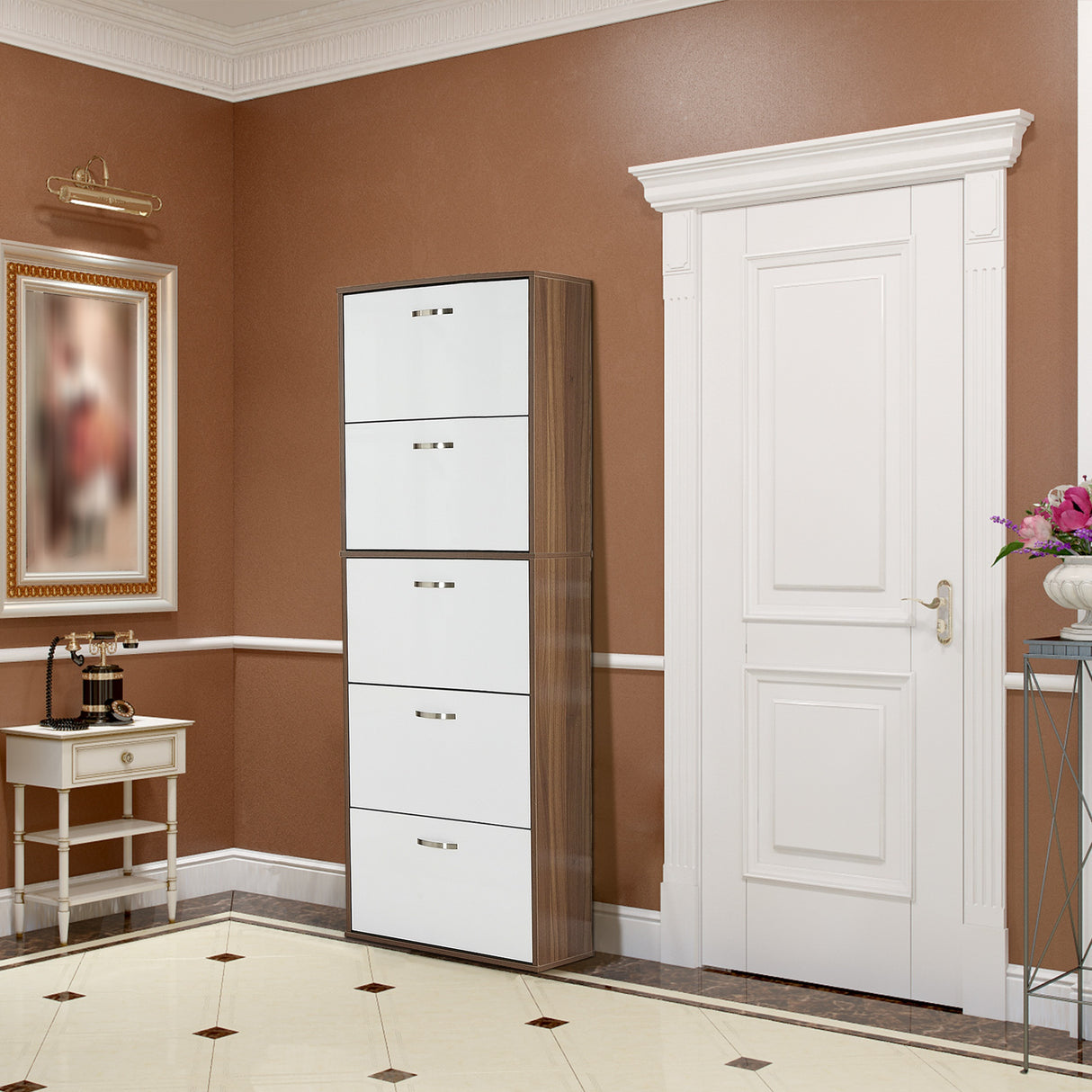 easycomfort easycomfort scarpiera slim a 5 livelli con 2 ripiani per livello in mdf 60x28x189 cm bianco e marrone