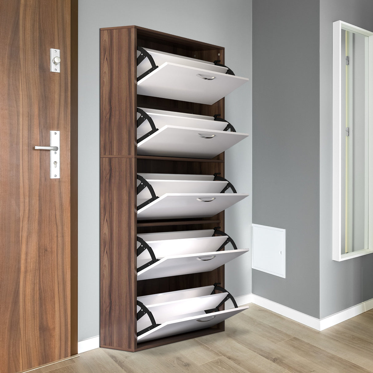 easycomfort easycomfort scarpiera slim a 5 livelli con 2 ripiani per livello in mdf 60x28x189 cm bianco e marrone