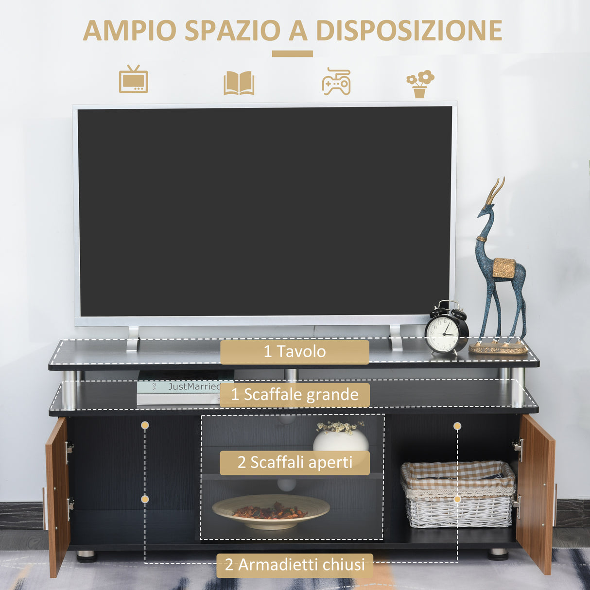 easycomfort easycomfort mobile porta tv fino a 50 con armadietti e ripiani in legno e alluminio 120x40x52 2cm