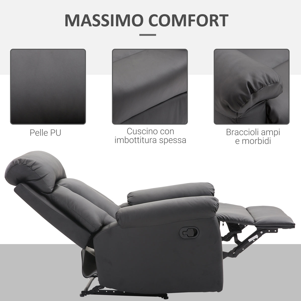 easycomfort easycomfort poltrona relax reclinabile imbottita ergonomica con poggiapiedi pelle pu 80 x 97 x 107cm nero ean 8055776912912