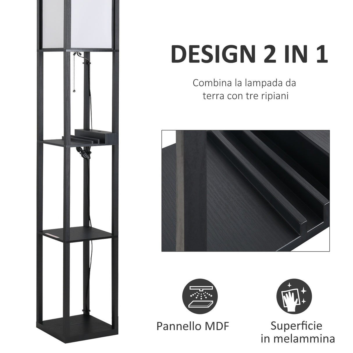 easycomfort easycomfort lampada da terra con 3 mensole e 2 porte usb attacco lampadine e27 26x26x160cm nero ean 8054144133096