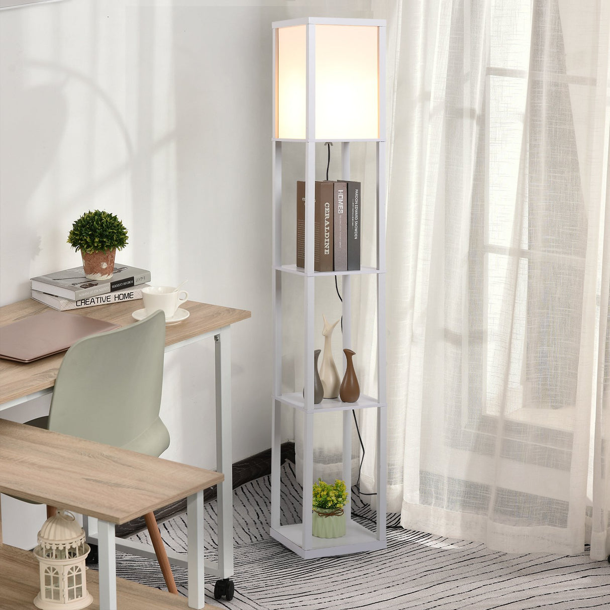 easycomfort easycomfort lampada da terra con 3 mensole integrate attacco e27 potenza 40w arredamento moderno in mdf 26x26x160cm bianco