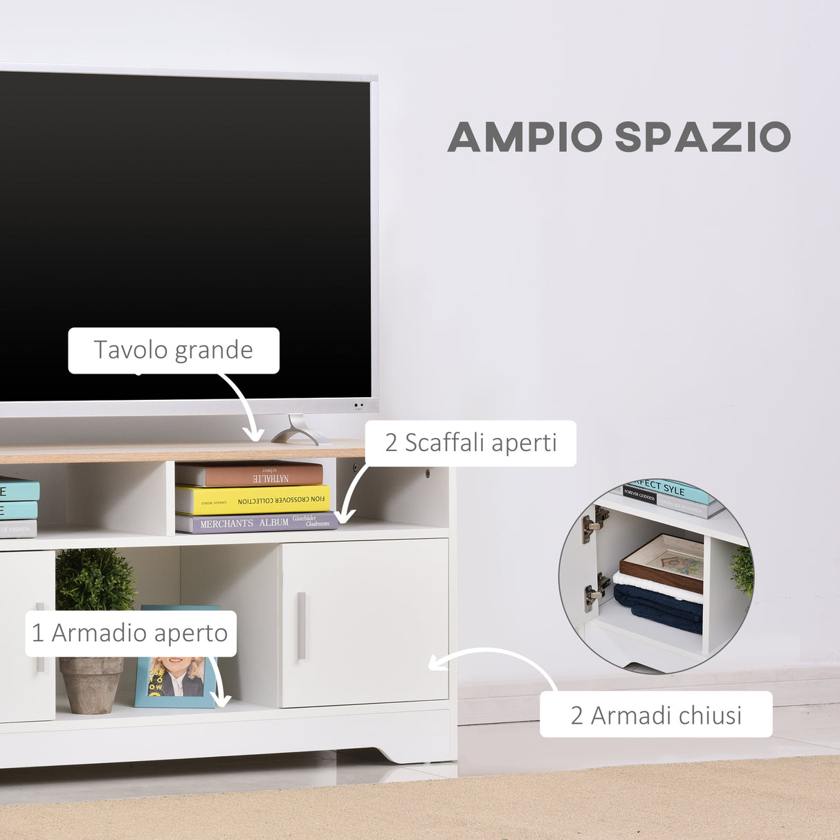 easycomfort easycomfort mobile tv con 3 scomparti aperti 2 armadietti e piano dappoggio mobile per tv fino a 50 in truciolato 105x40x52cm bianco e legno