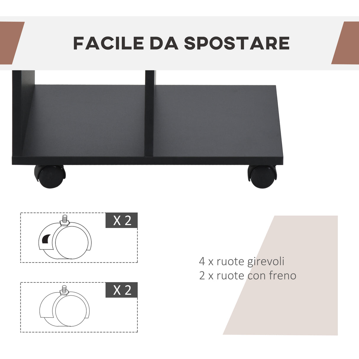 easycomfort easycomfort tavolino da salotto a c con 2 ripiani aperti e 4 ruote girevoli 45x35x58 cm nero