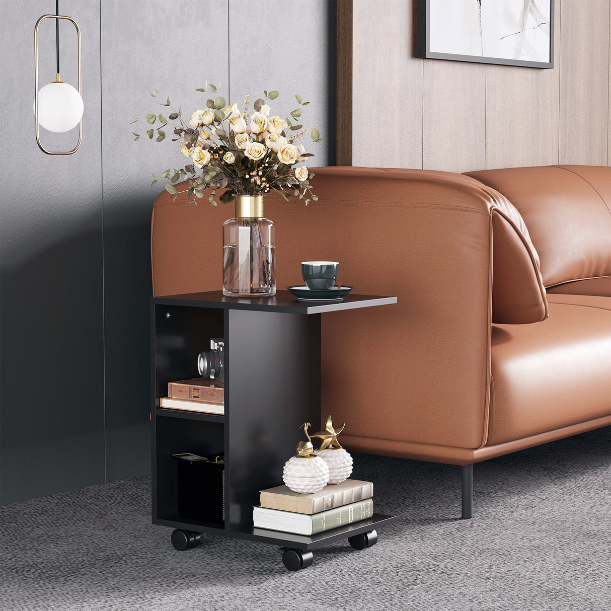 easycomfort easycomfort tavolino da salotto a c con 2 ripiani aperti e 4 ruote girevoli 45x35x58 cm nero