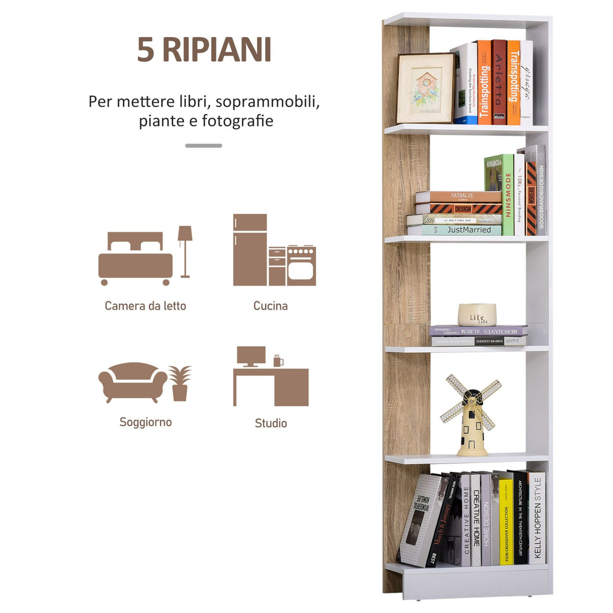 easycomfort easycomfort scaffale libreria a parete in legno color rovere e bianco con 5 ripiani ean 8054111845434
