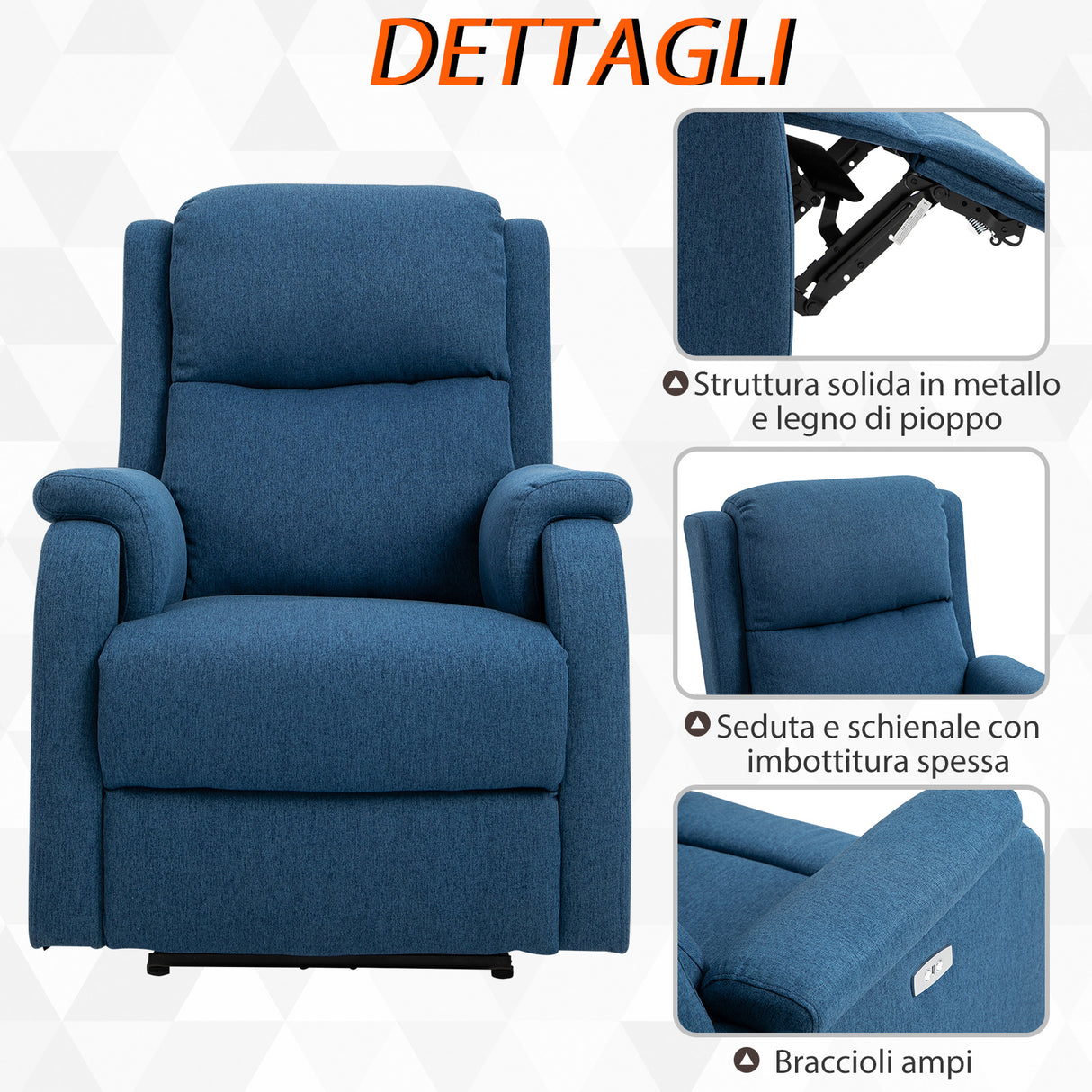 easycomfort easycomfort poltrona relax elettrica con schienale reclinabile 160 poggiapiedi e porta usb lino blu ean 8055776912745