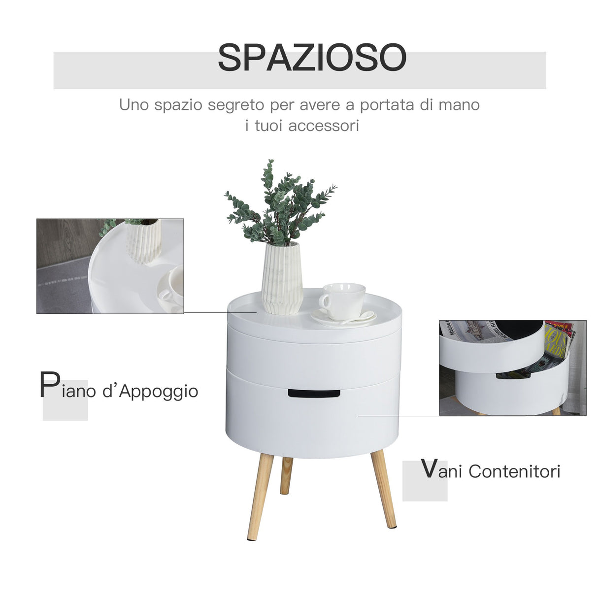 easycomfort easycomfort tavolino da caffe rotondo 3 elementi con apertura a rotazione vassoio rimovibile in legno bianco 38 x 48 3cm ean 8054144134604