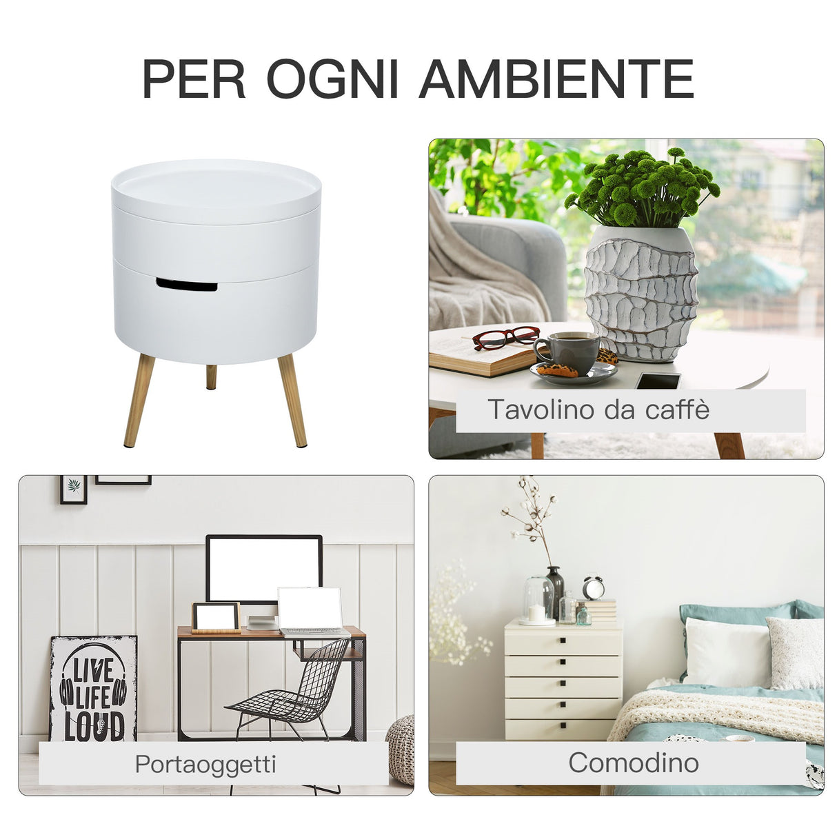 easycomfort easycomfort tavolino da caffe rotondo 3 elementi con apertura a rotazione vassoio rimovibile in legno bianco 38 x 48 3cm ean 8054144134604