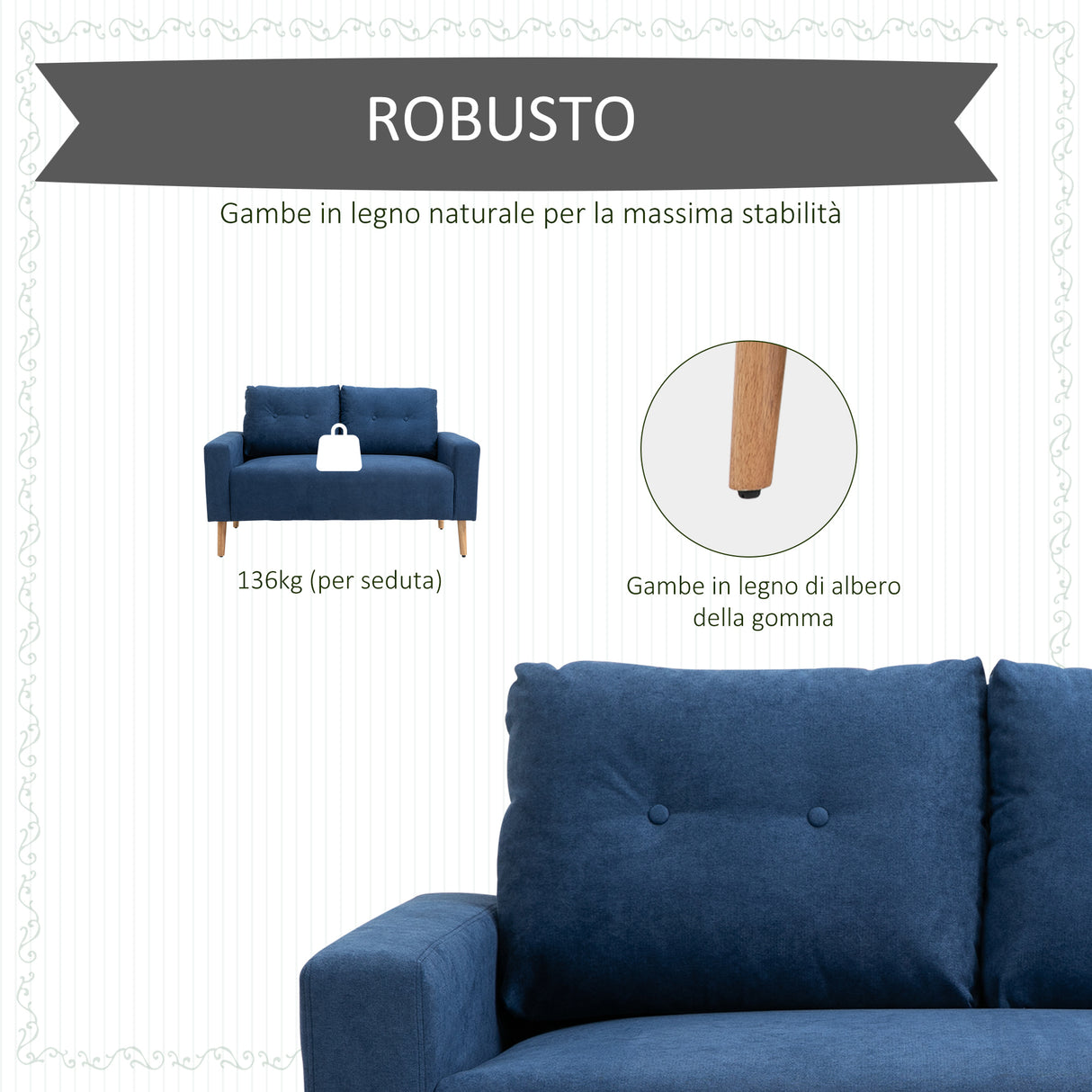 easycomfort easycomfort divano 2 posti moderno e trapuntato in stile nordico in poliestere e legno 145x76x88 cm blu