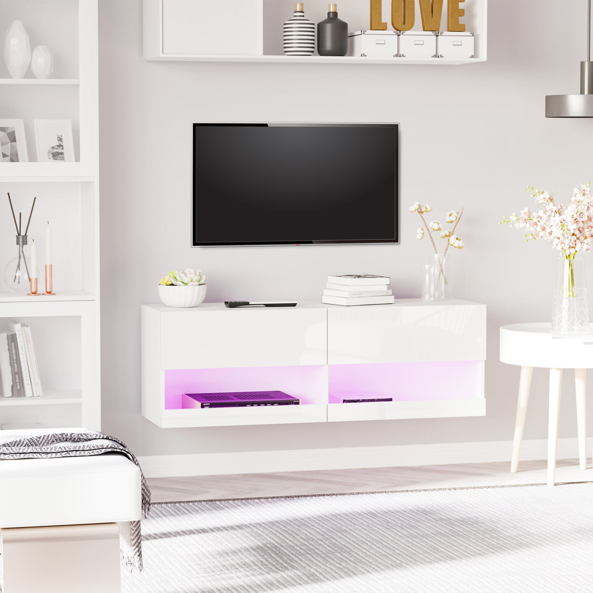 easycomfort easycomfort mobile tv sospeso in legno mobile porta tv moderno con luci led di 20 colori per tv max 42 bianco lucido 120x35x40 5cm