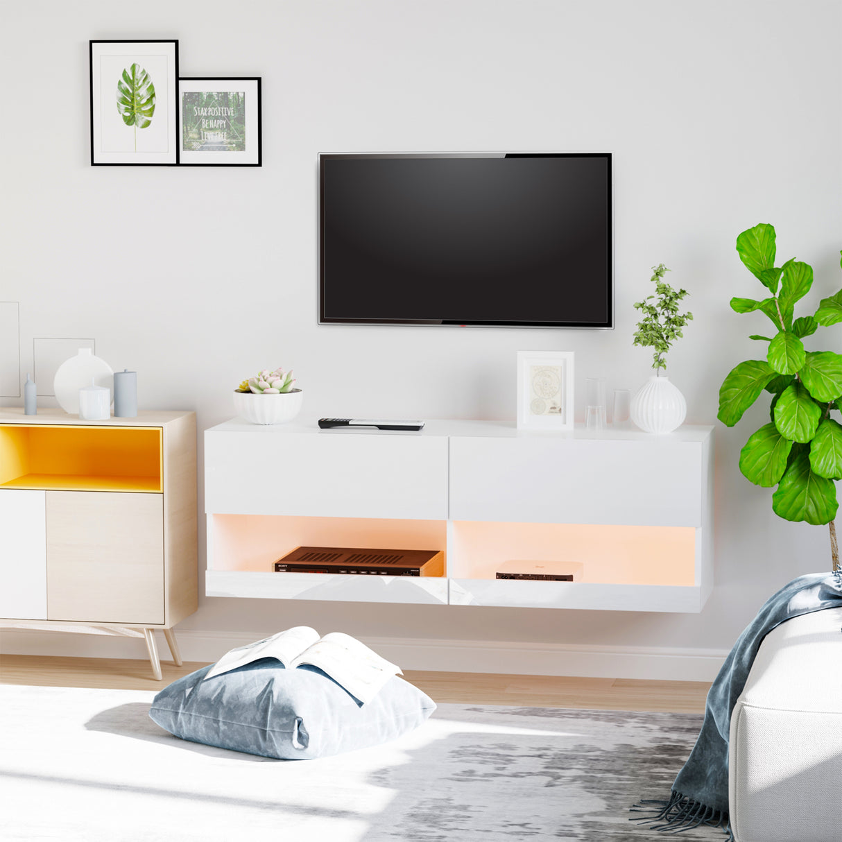 easycomfort easycomfort mobile tv sospeso in legno mobile porta tv moderno con luci led di 20 colori per tv max 42 bianco lucido 120x35x40 5cm