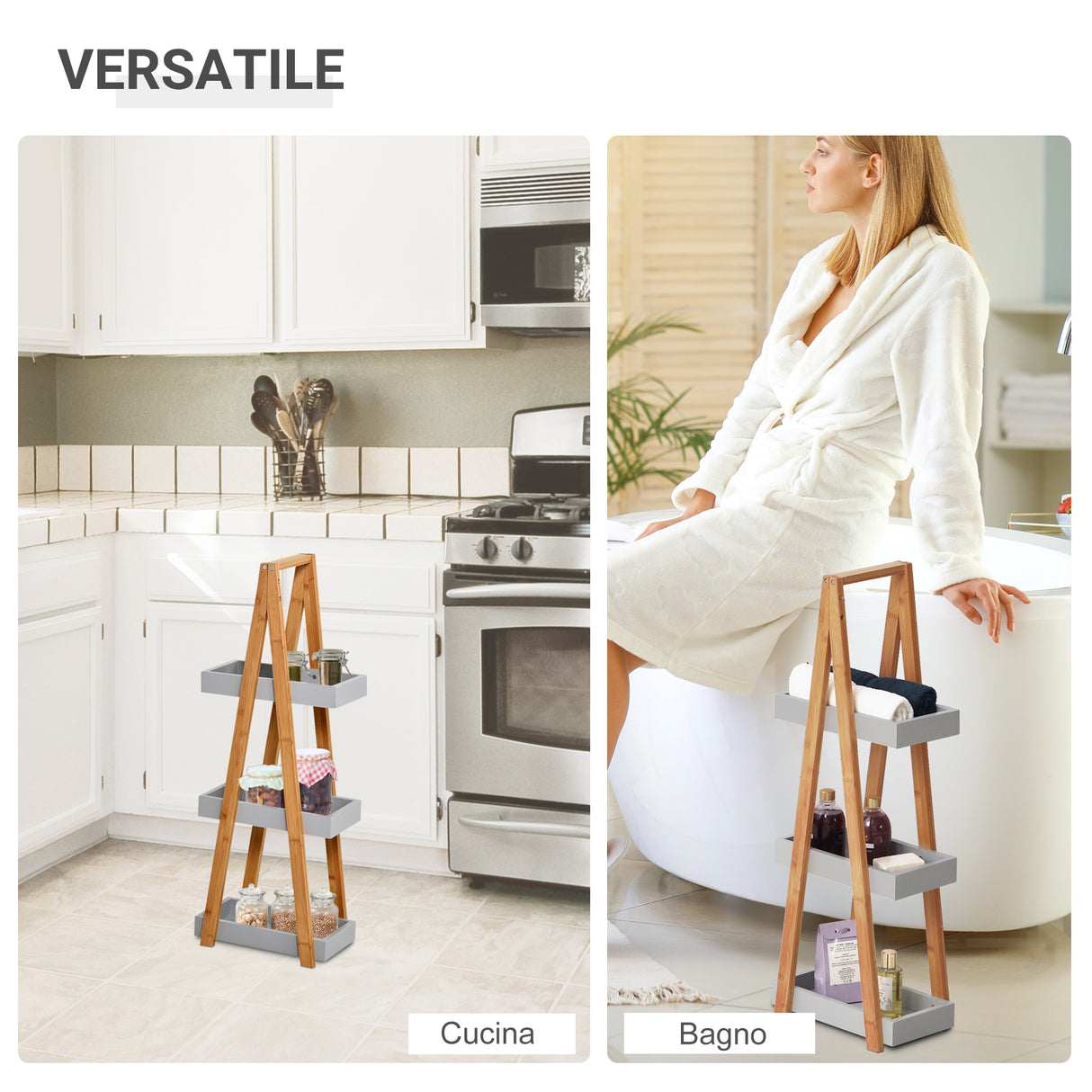 easycomfort easycomfort scaffale salvaspazio da bagno in mdf e bambu forma a piramide con 3 mensole color legno e grigio 30x18x81cm ean 8054111842150