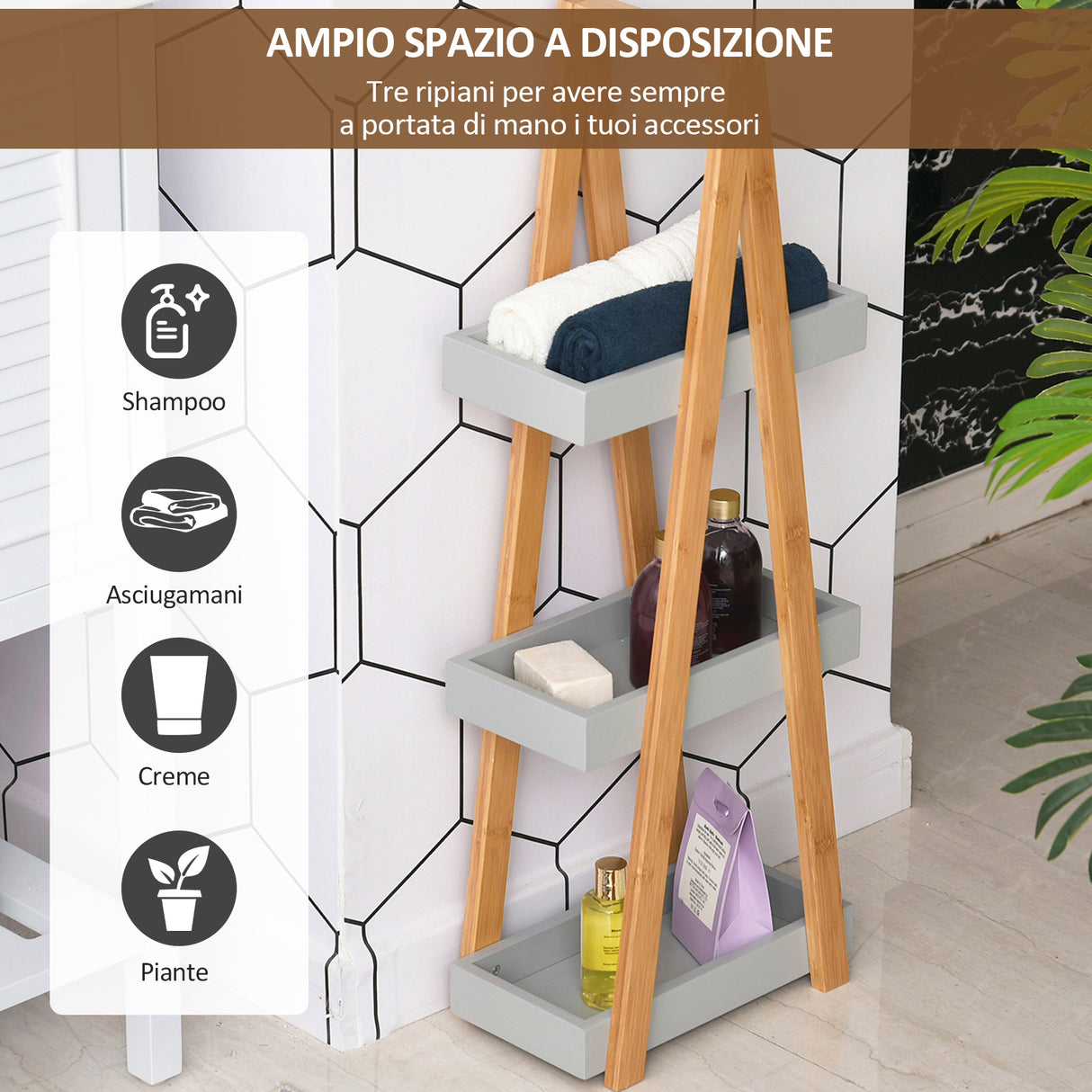 easycomfort easycomfort scaffale salvaspazio da bagno in mdf e bambu forma a piramide con 3 mensole color legno e grigio 30x18x81cm ean 8054111842150